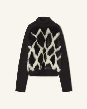 Pull à col roulé en laine et cuir intarsia