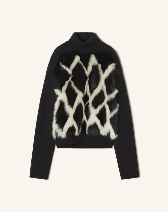 Pull à col roulé en laine et cuir intarsia