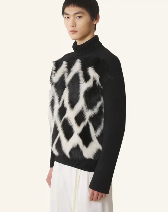Pull à col roulé en laine et cuir intarsia
